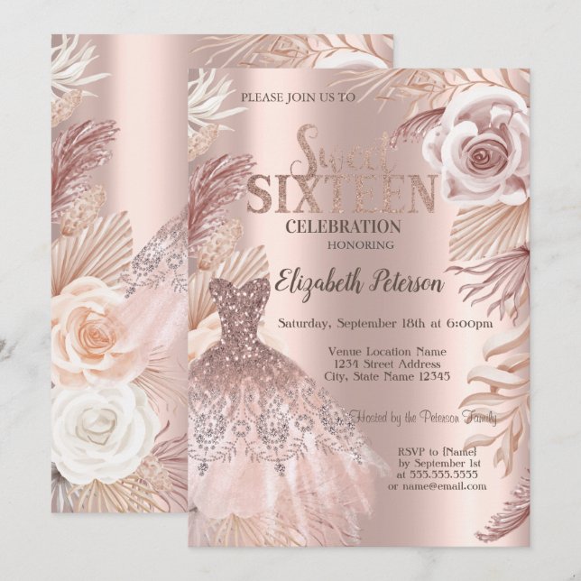 Invitación Boho Flores Vestido Rosa Dorado Dulces  (Anverso / Reverso)