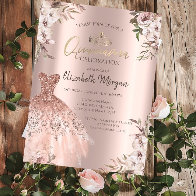 Invitación Boho Flores Vestido Rosa Oro Quinceanera (Subido por el creador)