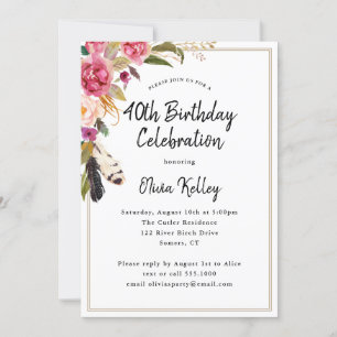 Invitación Boho Flores y plumas Rústicas 40 cumpleaños