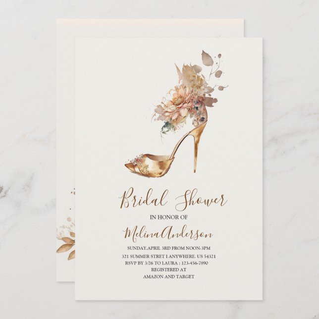 Invitación Boho Flower Golden Heel acuarela de la ducha de no (Anverso / Reverso)