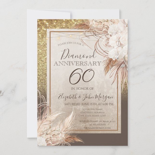 Invitación Boho Flowers Aniversario del Purpurina de Grass Pa (Anverso)