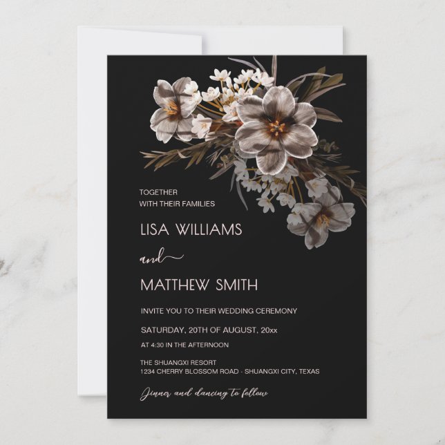 Invitación Boho Flowers Black Background (Anverso)