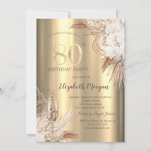 Invitación Boho Flowers,Champagne Glass Gold 80th Birthday (Anverso)