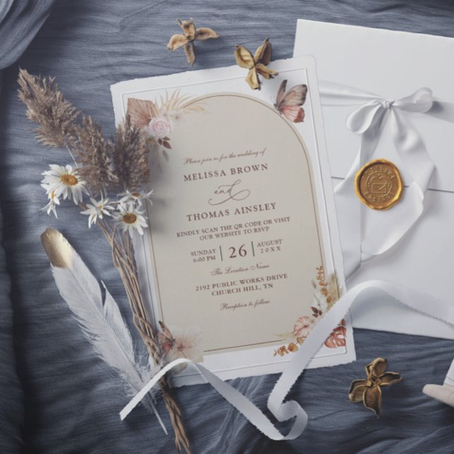 Invitación Boho Flowers Elegant Modern Budget QR Code Wedding (Subido por el creador)
