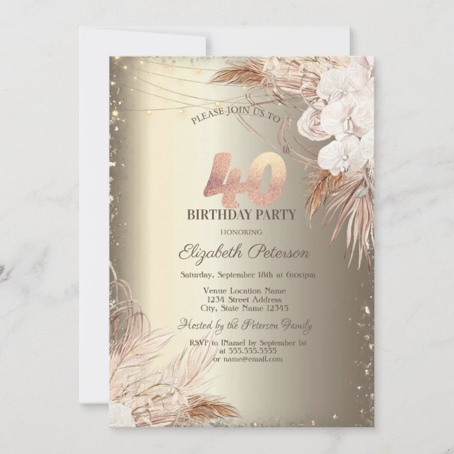 Invitación Boho Flowers,Lights Glitter Frame Gold 40th  (Anverso)