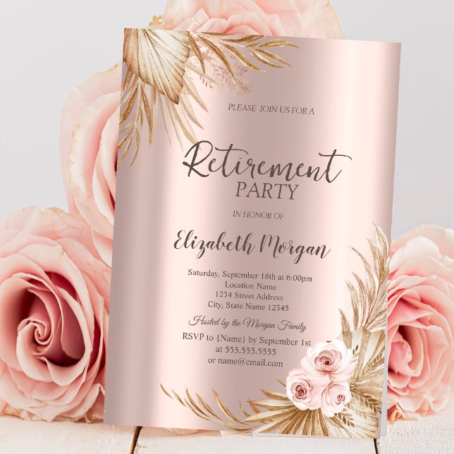 Invitación Boho Flowers Pampas Rosa Fiesta de Jubilación de O (Subido por el creador)