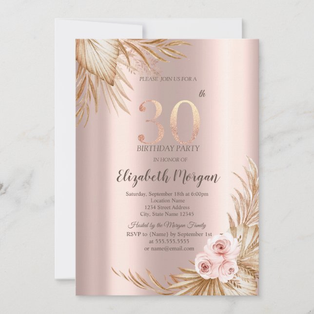 Invitación Boho Flowers Pampas Rosa Oro 30 cumpleaños (Anverso)