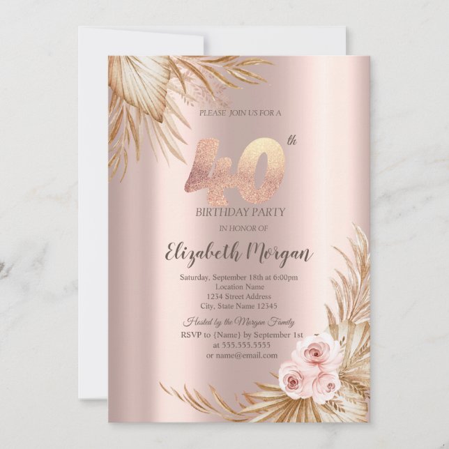 Invitación Boho Flowers Pampas Rosa Oro 40 cumpleaños (Anverso)