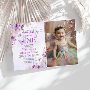 Invitación Boho Flowers Purple Butterfly florece el primer cu