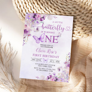 Invitación Boho Flowers Purple Butterfly primer cumpleaños