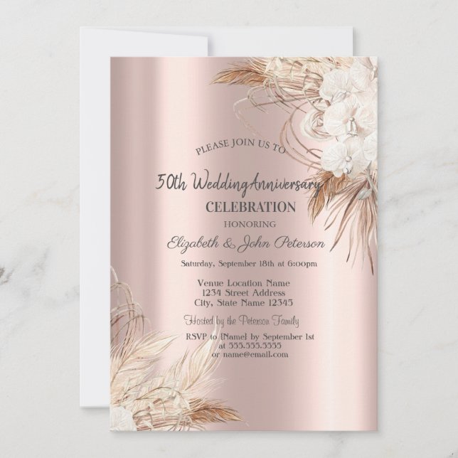 Invitación Boho Flowers Rosa aniversario Boda de oro (Anverso)
