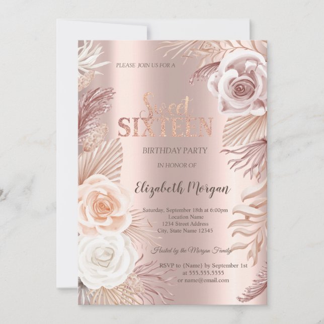 Invitación Boho Flowers Rosa Gold Sweet 16 (Anverso)
