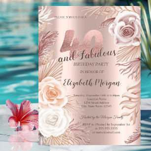 Invitación Boho Flowers Rosa Oro 40 Fiesta de cumpleaños