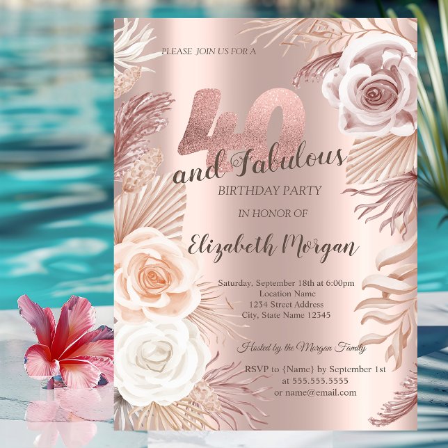 Invitación Boho Flowers Rosa Oro 40 Fiesta de cumpleaños (Subido por el creador)