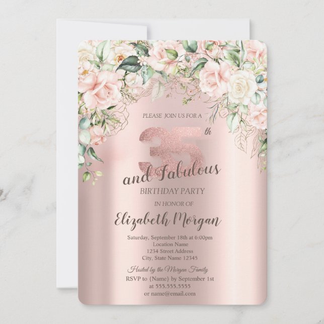 Invitación Boho Flowers Rosas Rosa Oro 35 cumpleaños (Anverso)