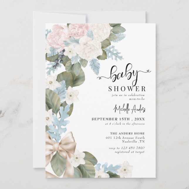 Invitación Boho Flowers Winter Watercolor Baby Shower (Anverso)