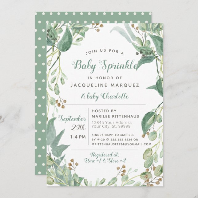 Invitación BOHO Foliage Eucalyptus Greenereneration Baby Spri (Anverso / Reverso)