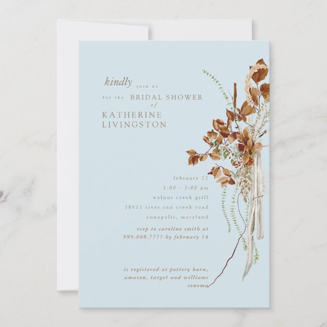 Invitación Boho Foliage Sky Blue Elegdal Shower (Anverso)