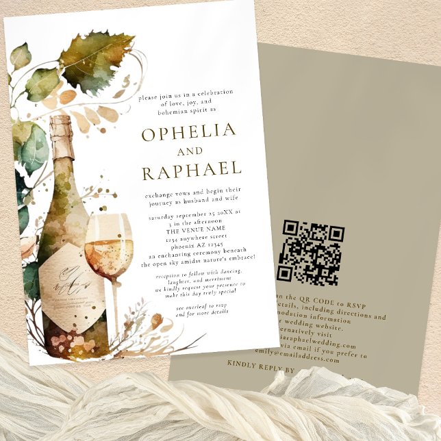 Invitación Boho Foliage y Boda bohemio vitivinícola (Front and back view)