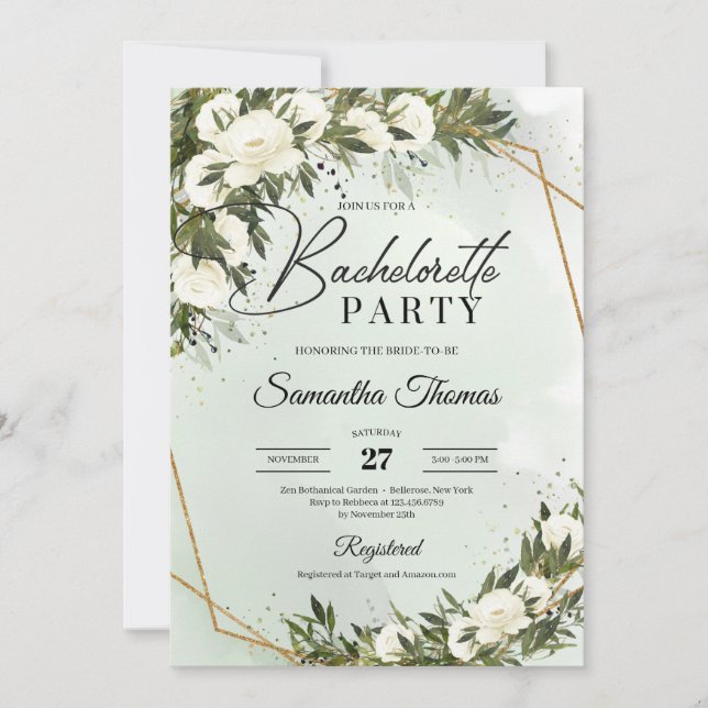 Invitación Bóho folios de oliva verde rosas blancas bachiller (Anverso)