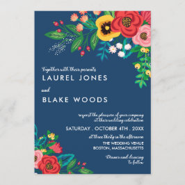 Invitación Boho Folk Bouquet - Deep Blue & Red Boda