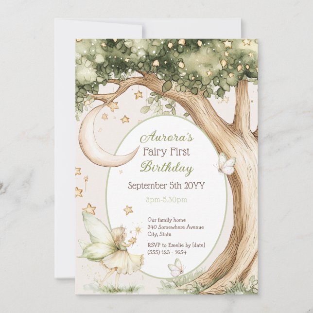 Invitación Boho forest watercolor Fairy First birthday (Anverso)