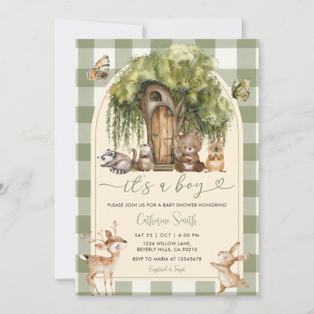 Invitación Boho forest wild animals baby shower Green Gingham (Anverso)