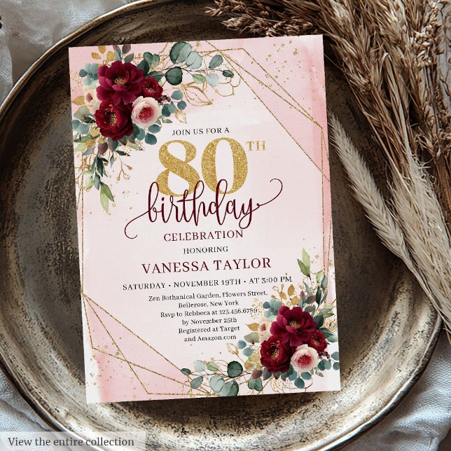 Invitación Boho formal Dark Red Gold Rosas 80 cumpleaños (Formal Boho Dark Red Gold Roses 80th Birthday Invitation)