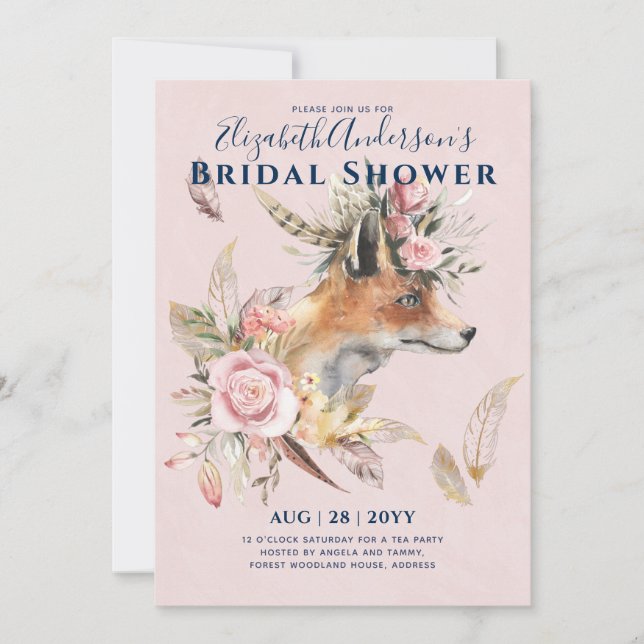 Invitación Boho FOX Bridal Shower Woodland Fethers Floral (Anverso)