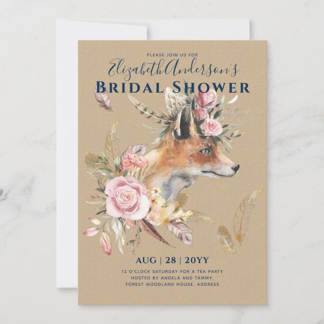 Invitación Boho FOX Bridal Shower Woodland Fethers Floral (Anverso)