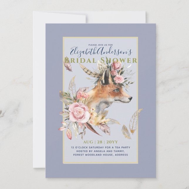 Invitación Boho FOX Bridal Shower Woodland Fethers Floral (Anverso)