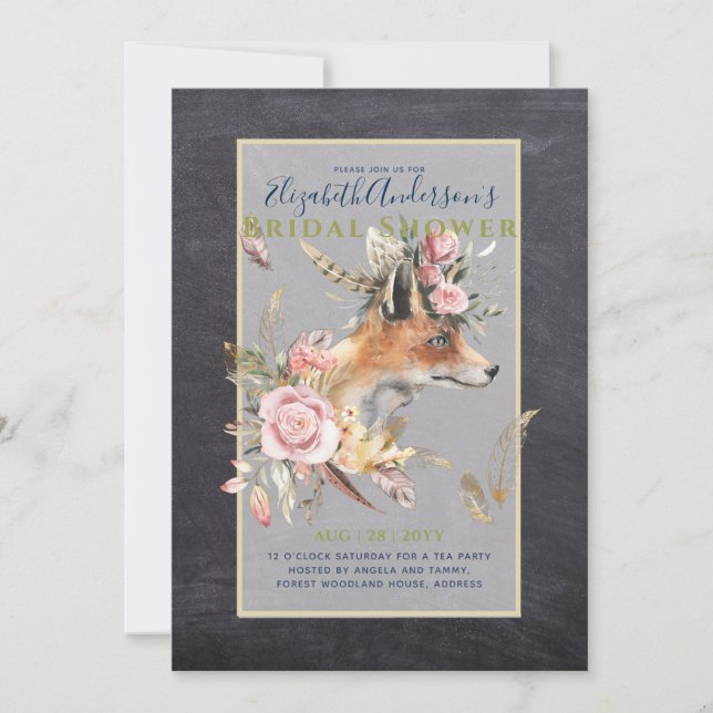 Invitación Boho FOX Bridal Shower Woodland Fethers Floral (Anverso)