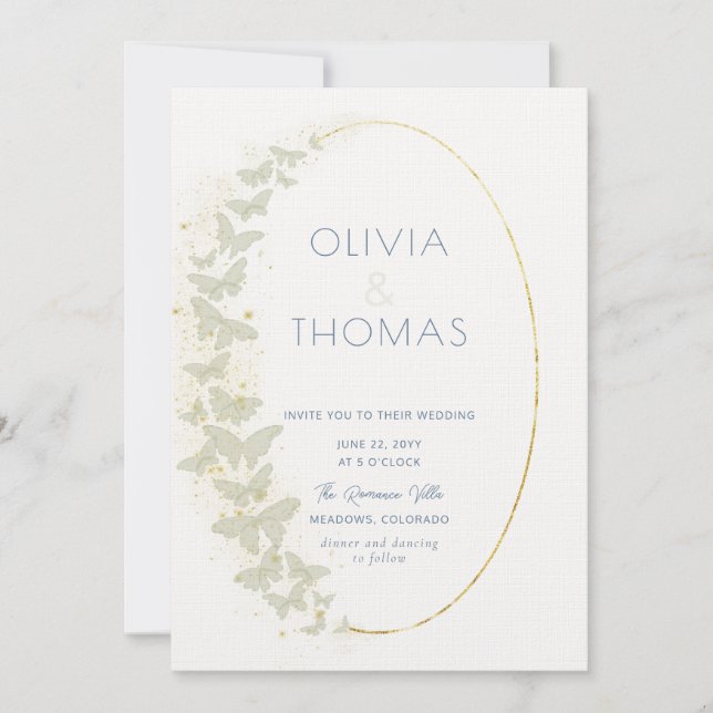 Invitación Boho Frame Blue Gold Butterflies Elegante Boda (Anverso)