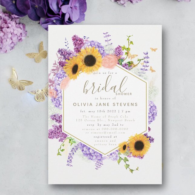 Invitación Boho Frame Butterfly Sunflower Flora Brillante Duc (modern rustic hydrangea sunflower butterfly bridal shower invitation frame elegant bohemian purple)