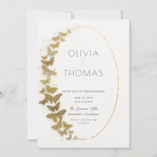 Invitación Boho Frame Moderno Gold Sparkle Butterflies Boda (Anverso)