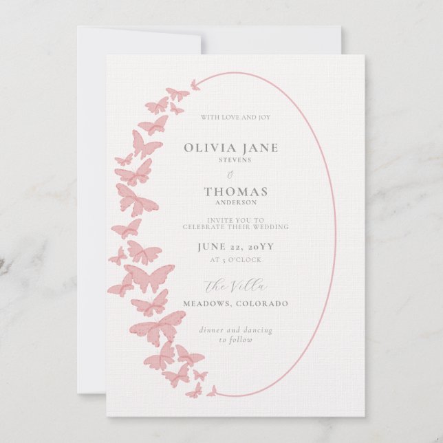 Invitación Boho Frame Rubor Mariposas rosadas Elegante Boda (Anverso)