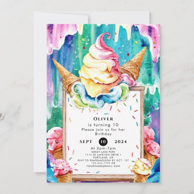 Invitación Boho Fun Magic Ice Cream Cumpleaños (Anverso)