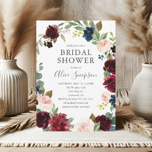 Invitación Boho Garden Burgundy Blue Floral Bridal Shower
