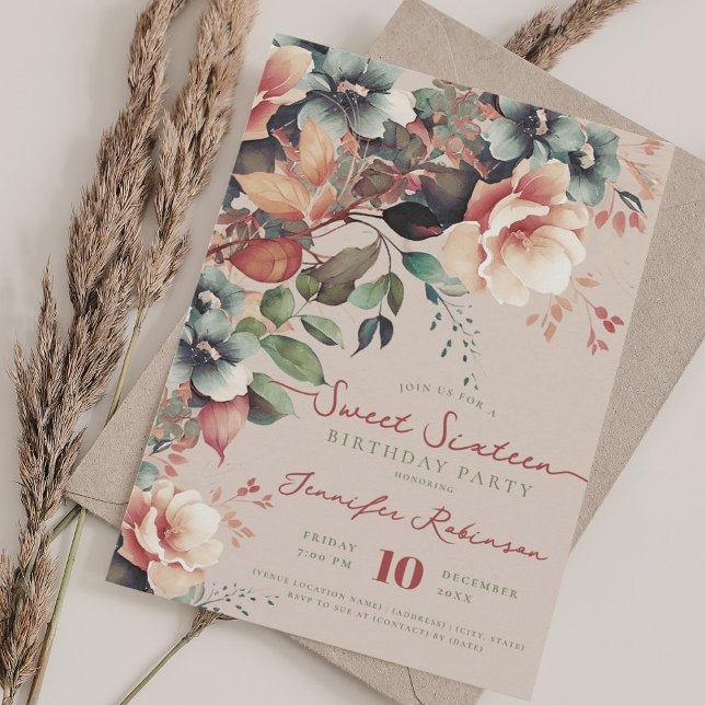 Invitación Boho Garden Floral Sweet 16 Cumpleaños Champagne (Boho Garden Floral Sweet 16 Birthday Champagne Invitation)