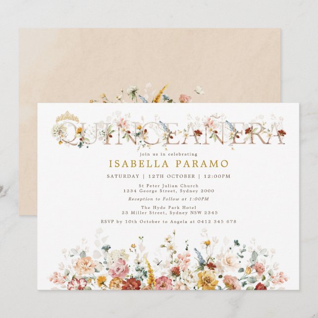 Invitación Boho Garden Flores Quinceañera 15º cumpleaños (Anverso / Reverso)