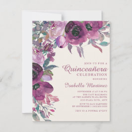 Invitación Boho Garden Purple Lilac Floral Script Quinceañera