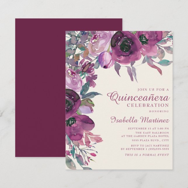 Invitación Boho Garden Purple Lilac Floral Script Quinceañera (Anverso / Reverso)