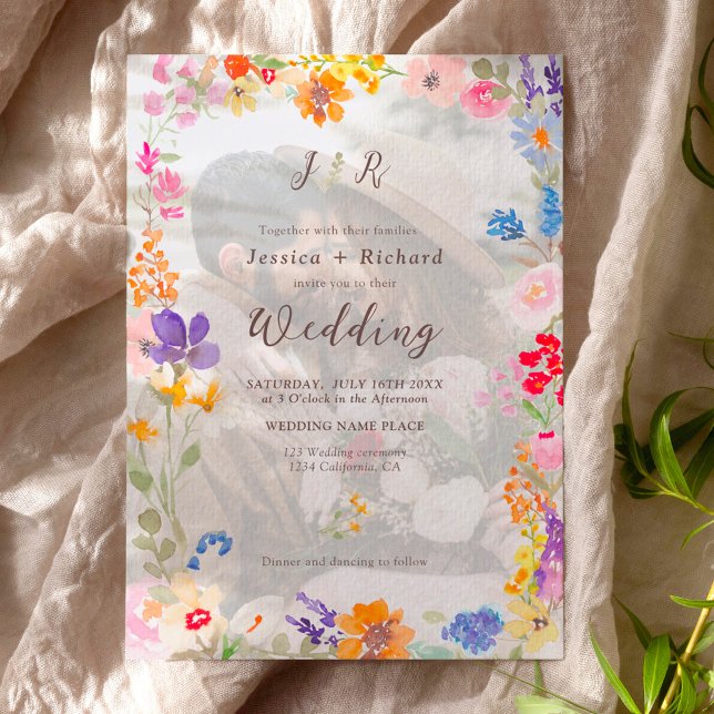 Invitación Boho garden verano floral 2 foto iniciales boda (Boho garden summer floral 2 photo initials wedding invitation)