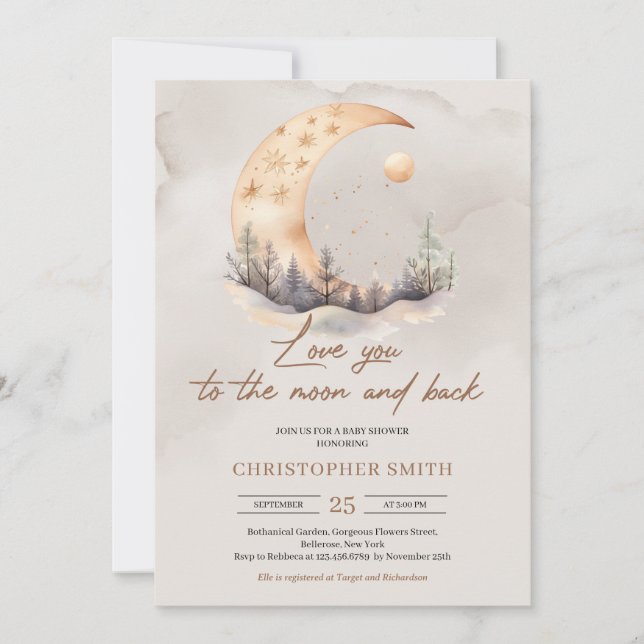 Invitación Boho género neutro de la luna de cobre y la espald (Anverso)