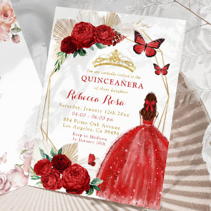 Invitación Boho Geometric Gold y Red Roses Quinceañera