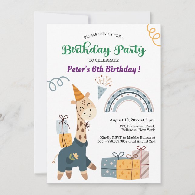 Invitación Boho Giraffe Arcoiris Azul 6 cumpleaños (Anverso)