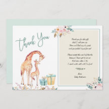 Boho Giraffe Baby Shower gracias nota poema