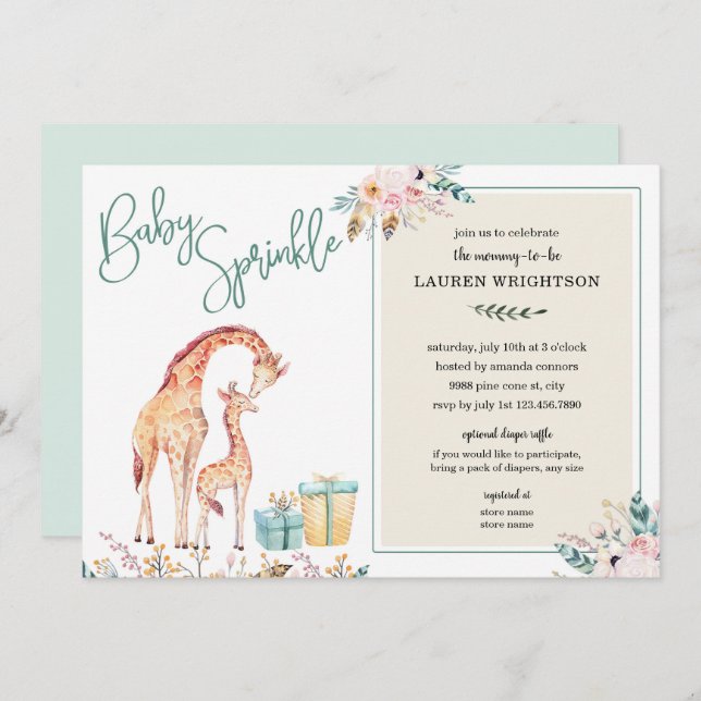 Invitación Boho Giraffe Baby Sprinkle un género neutral (Anverso / Reverso)