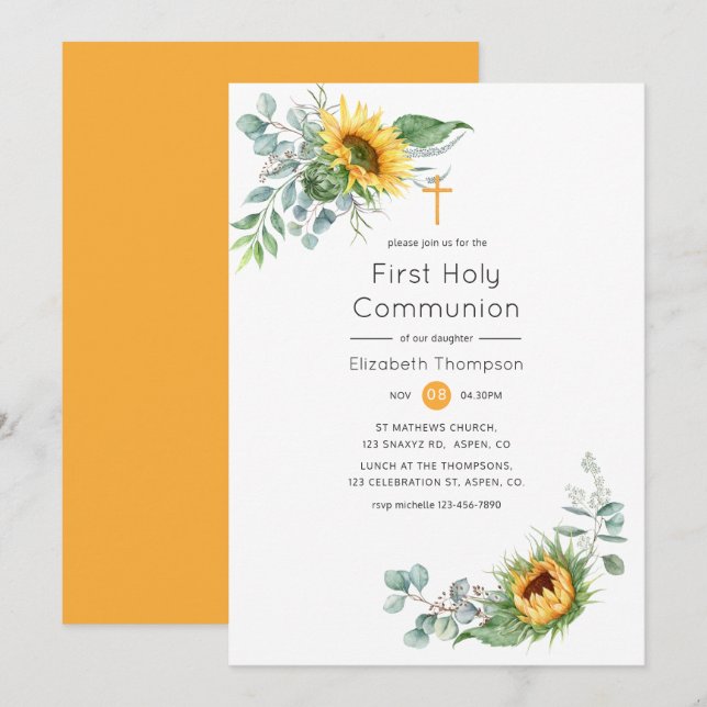 Invitación Boho Girasol Eucalipto Primera Comunión (Anverso / Reverso)
