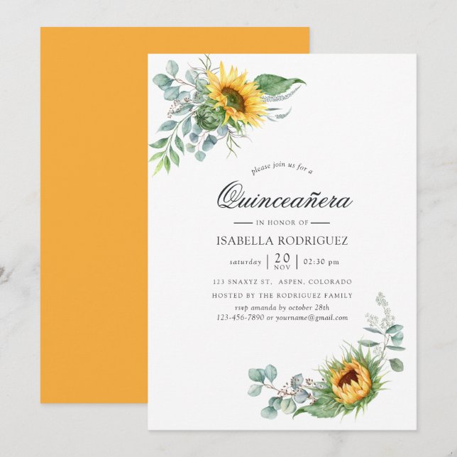 Invitación Boho Girasol Eucalipto Quinceañera (Anverso / Reverso)